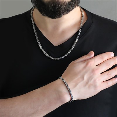 (Tesbihane) Silver Renk Kalınlık 5 mm 317L Çelik Kral Zincir&Bileklik Kombini