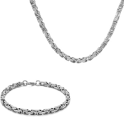 (Tesbihane) Silver Renk Kalınlık 5 mm 317L Çelik Kral Zincir&Bileklik Kombini