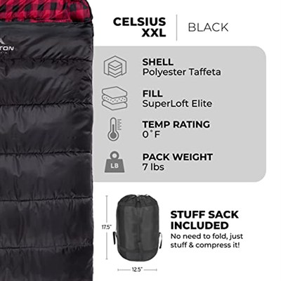 TETON Sports Celsius XXL uyku çantası; aile kampı için harika; serbest kompresyon torbası, siyah