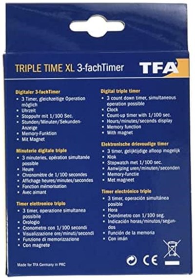 TFA Dostmann Triple XL, dijital 3 kademeli zamanlayıcı, 38.2023, saatli, hafıza fonksiyonlu, kronometreli, siyah, U 103 x G 20 (61) x Y 121 (103) mm