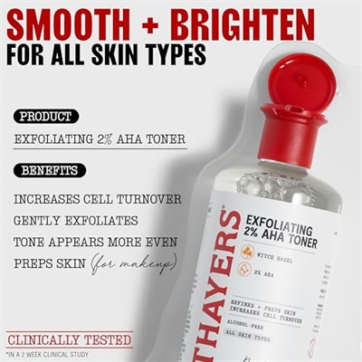 Thayers Glikolik Asit, Laktik Asit ve Cadı Hazel İçeren% 2 AHA Eksfoliye Edici Toner, Tüm Cilt Tipleri için Pürüzsüzleştirici ve Gözenek Arındırıcı Cilt Bakımı, 12 Fl Oz