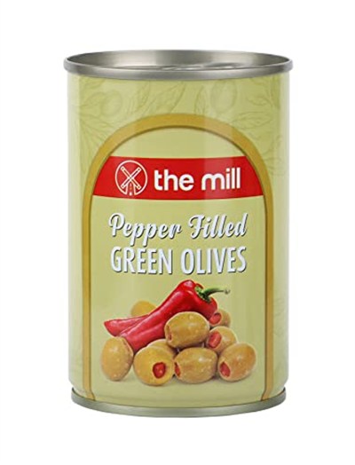 The Mill Biber Dolgulu Yeşil Zeytin Teneke - Süzme Ağırlık: 300 g - 361-400 adet/kg - Çekirdeksiz - Salamura - Kuzey Ege Bölgesi Zeytinleri - Vitamin ve Antioksidanca Zengin - Veganlara Uygun