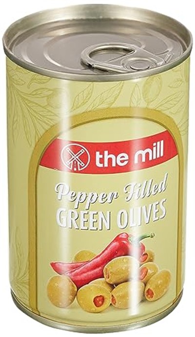 The Mill Biber Dolgulu Yeşil Zeytin Teneke (12li Paket) - Süzme Ağırlık: 100 g - 361-400 adet/kg - Çekirdeksiz - Salamura - Kuzey Ege Bölgesi Zeytinleri - Vitamin ve Antioksidanca Zengin