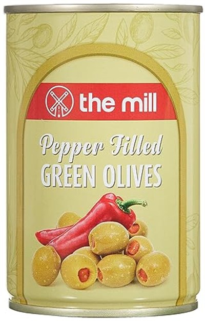 The Mill Biber Dolgulu Yeşil Zeytin Teneke (12li Paket) - Süzme Ağırlık: 100 g - 361-400 adet/kg - Çekirdeksiz - Salamura - Kuzey Ege Bölgesi Zeytinleri - Vitamin ve Antioksidanca Zengin