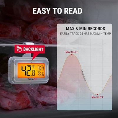 ThermoPro Geniş Arkadan Aydınlatmalı LCD Ekranlı Buzdolabı Termometre, Su Geçirmez Dondurucu Buzdolabı Termometre, Maksimum/Dakika Kayıtlı, Kolay Değiştirme, Manyetik ve Stand Seçeneği, Oda