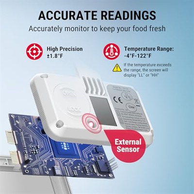 ThermoPro Geniş Arkadan Aydınlatmalı LCD Ekranlı Buzdolabı Termometre, Su Geçirmez Dondurucu Buzdolabı Termometre, Maksimum/Dakika Kayıtlı, Kolay Değiştirme, Manyetik ve Stand Seçeneği, Oda