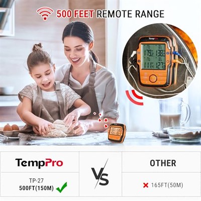 ThermoPro TP27C Kablosuz Profesyonel Barbekü ve Fırın Termometresi, 4 Problu ve 150 Metre Menzilli Et Isı Ölçer (Alarmlı)