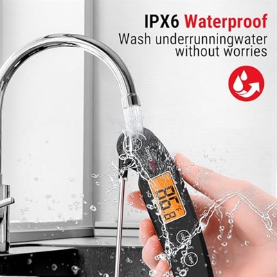 ThermoPro TP605 IPX6 Su Geçirmez, Arkadan Aydınlatmalı ve Kalibrasyonlu Anında Okunan Dijital Et ve Gıda Termometresi (Siyah)