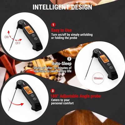 ThermoPro TP605 IPX6 Su Geçirmez, Arkadan Aydınlatmalı ve Kalibrasyonlu Anında Okunan Dijital Et ve Gıda Termometresi (Siyah)