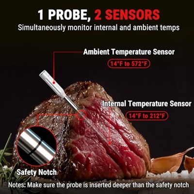 ThermoPro TP961 TempSpike Tam Kablosuz Akıllı Et Termometresi, 150m Menzilli Bluetooth ve Çift Sensörlü Barbekü Isı Ölçer