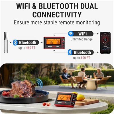 ThermoPro TP980-2 TempSpike Pro Wi-Fi ve Mobil Uygulama Destekli, Sınırsız Menzilli 2 Problu Dokunmatik Akıllı Barbekü Seti