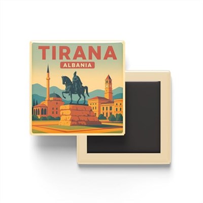 Tiran Arnavutluk - İskender Bey Meydanı - Baskılı Buzdolap Magneti Kare 9x9 cm