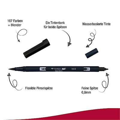 Tombow AB-T Dual Brush Pen Grafik Kalemi, Black N15