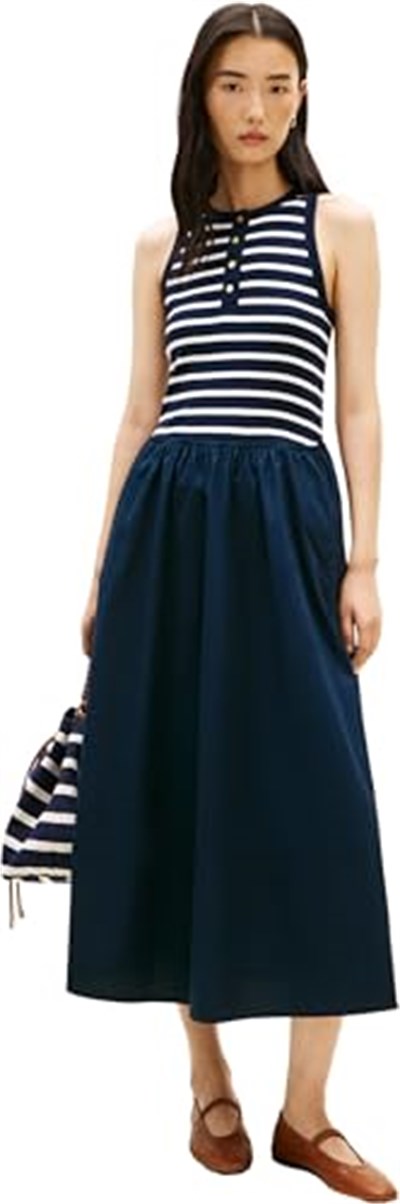 Tommy Hilfiger Çizgili% 100 Pamuk Regular Fit Pileli Maxi Boy Elbise Bayan ELBİSE WW0WW49628 0X3 - Bedenler: M, L, XL