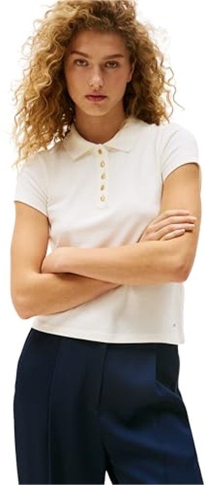 Tommy Hilfiger Kadın Polo Tişört Kısa Kollu Altın Düğmeli Slim Streç