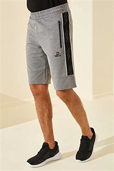 TOMMY LIFE Gri Melanj Yan Şeritli Standart Kalıp Şort, S, T08ER-81148, Gb Melanj, Erkek