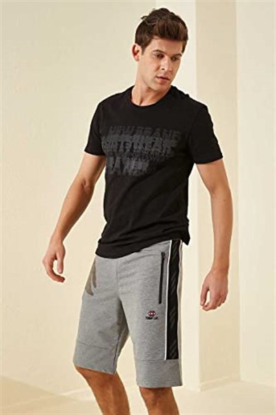 TOMMY LIFE Gri Melanj Yan Şeritli Standart Kalıp Şort, S, T08ER-81148, Gb Melanj, Erkek