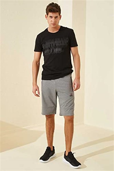 TOMMY LIFE Gri Melanj Yan Şeritli Standart Kalıp Şort, S, T08ER-81148, Gb Melanj, Erkek