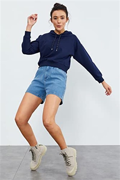 TOMMY LIFE İndigo Uzun Kol Rahat Form Kapüşonlu Sweatshirt, TYBT07BY-97115050511632