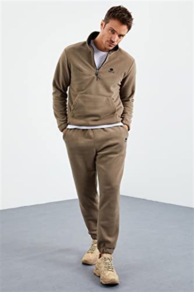 TOMMY LIFE TOMMYLIFE Lacivert Yarım Fermuar Dik Yaka Lastik Paça Polar Eşofman Takımı, T09ER-85159
