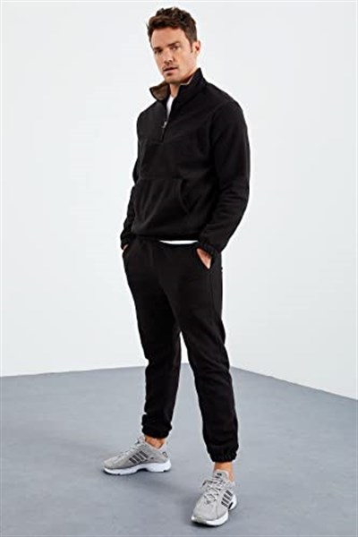 TOMMYLIFE Lacivert Yarım Fermuar Dik Yaka Lastik Paça Polar Erkek Eşofman Takımı - 85159