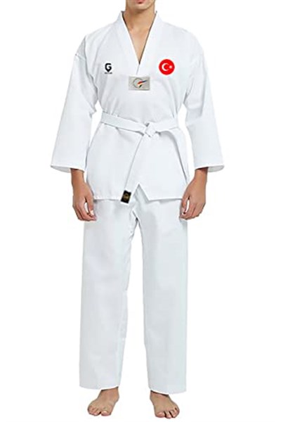 TOP GLORY (T1381) Fitilli Beyaz Yaka Baskılı Taekwondo Elbisesi Dobok-