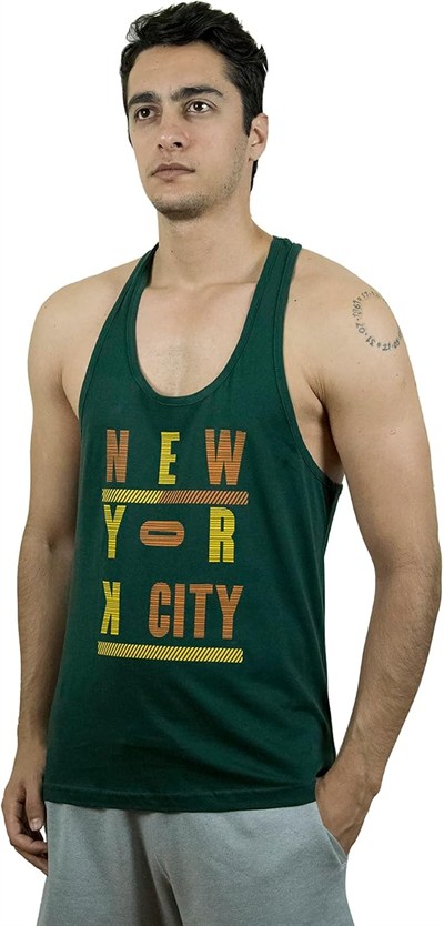 TOP GLORY (T801) Erkek Yeşil Newyorkcity Baskılı Fitness Gym Tank Top Sporcu Atleti-