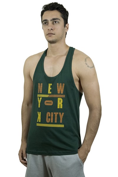 TOP GLORY (T801) Erkek Yeşil Newyorkcity Baskılı Fitness Gym Tank Top Sporcu Atleti-