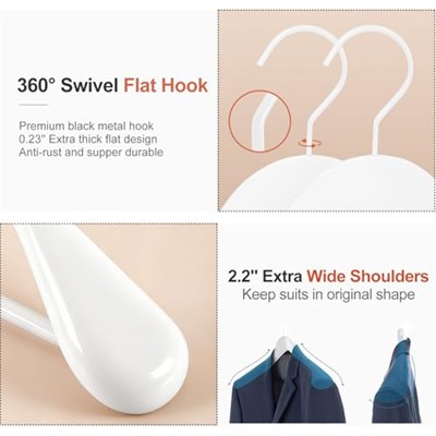 TOPIA HANGER Beyaz Ahşap Elbise Askısı 6lı Paket, Ahşap Takım Elbise Askıları, Ekstra Geniş Omuzlu Parlak Kaplama, Kalın Beyaz Kancalar ve Kaymaz Çubuk, Mont, Takım Elbise, Elbise, Ceket, Ağır Kumaş