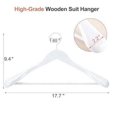 TOPIA HANGER Beyaz Ahşap Elbise Askısı 6lı Paket, Ahşap Takım Elbise Askıları, Ekstra Geniş Omuzlu Parlak Kaplama, Kalın Beyaz Kancalar ve Kaymaz Çubuk, Mont, Takım Elbise, Elbise, Ceket, Ağır Kumaş