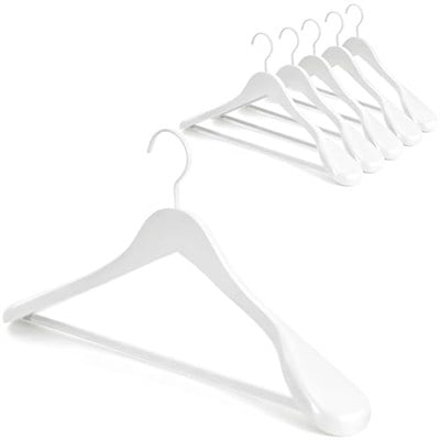 TOPIA HANGER Beyaz Ahşap Elbise Askısı 6lı Paket, Ahşap Takım Elbise Askıları, Ekstra Geniş Omuzlu Parlak Kaplama, Kalın Beyaz Kancalar ve Kaymaz Çubuk, Mont, Takım Elbise, Elbise, Ceket, Ağır Kumaş