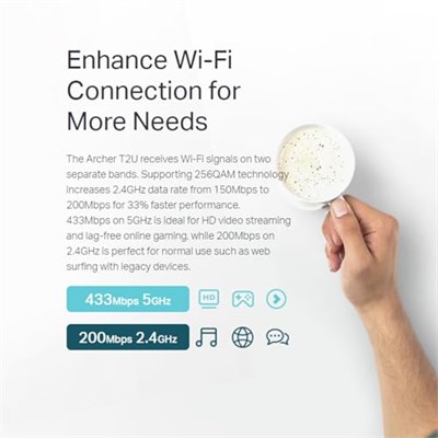 TP-Link Archer T2U, 600Mbps Kablosuz Dual Band USB Adaptör - Seçenekler: AC600, N300
