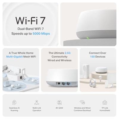 TP-Link Deco BE25 1-pack, BE3600 Mbps, 2× 2.5 Gbps Portlar, AI Destekli Çoklu İşlem Kabiliyeti, 150 Cihaza Kadar Bağlanılabilirlik, VPN, WPA3, Dual-Band Wi-Fi 7 Me - Seçenekler: 1-pack, 3-pack, 2-pack