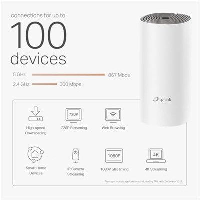TP-Link Deco E4 3-Pack , AC1200 Mbps, Dual-Band, 10/100Mbps Portları, 100 Cihaza Kadar Bağlanılabilirlik, 370 m²ye Kadar Kapsama, Mobil Uygulama ile Kolay Kurulu - Seçenekler: 1-Pack, 2 paket, 3-Pack