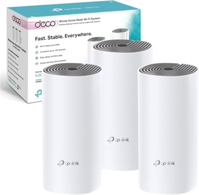 TP-Link Deco E4 3-Pack , AC1200 Mbps, Dual-Band, 10/100Mbps Portları, 100 Cihaza Kadar Bağlanılabilirlik, 370 m²ye Kadar Kapsama, Mobil Uygulama ile Kolay Kurulu - Seçenekler: 1-Pack, 2 paket, 3-Pack