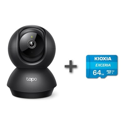 TP-Link Tapo C211 2K 3MP Yatay ve Dikey Ev Güvenliği Wi-Fi Kamerası, Gece Görüşü, IP66 Su Geçirmez, Siyah Renk + 64GB Kioxia MicroSD Bellek