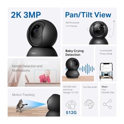 TP-Link Tapo C211 2K 3MP Yatay ve Dikey Ev Güvenliği Wi-Fi Kamerası, Gece Görüşü, IP66 Su Geçirmez, Siyah Renk + 64GB Kioxia MicroSD Bellek