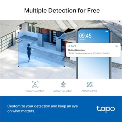 TP-Link Tapo TC41 2K Dış Mekan Pan/Tilt Güvenlik Wi-Fi Kamera, IP65 Hava Koşullarına Dayanıklı, Hareket Algılama, 360° Görsel Kapsama Alanı, Tam Renkli Gece Görüşü, Yerel Depolama, Alexa ve GoogleHome