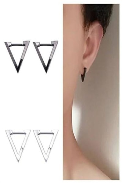 Trend Collection 2li Üçgen Çelik Küpe Set 2 Çift Paslanmaz Küpe Kadın Erkek Unisex 316l Çelik Küpe