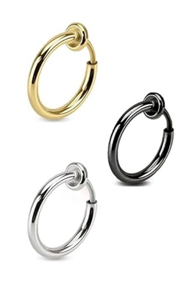 Trend Collection 3 Adet Unisex Cerrahi Çelik Deliksiz Sıkıştırmalı Fake Piercing Küpe Set