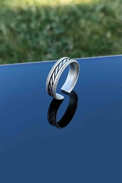 Trend Collection Antik Çizgi Şerit Desenli Gümüş Kaplama Ayarlanabilir Klasik Erkek Alyans Yüzük