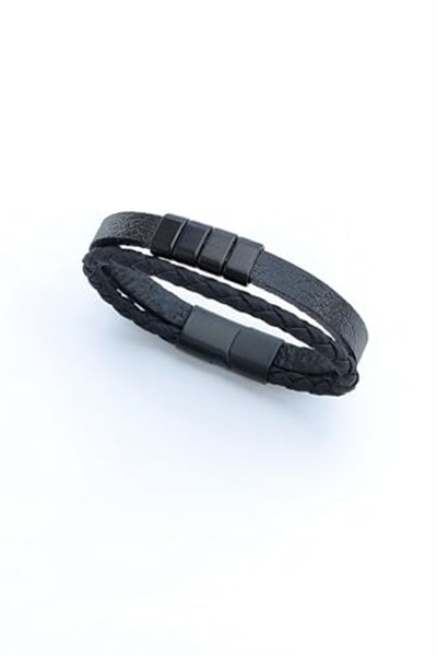 Trend Collection Erkek Hakiki Deri Bileklik Siyah Renk Çift Şeritli Klasik Bileklik