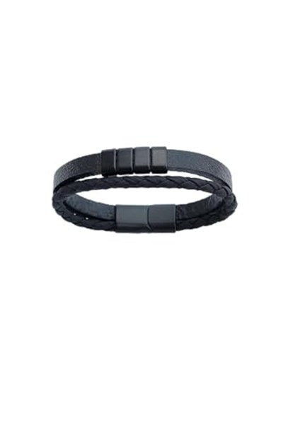 Trend Collection Erkek Hakiki Deri Bileklik Siyah Renk Çift Şeritli Klasik Bileklik