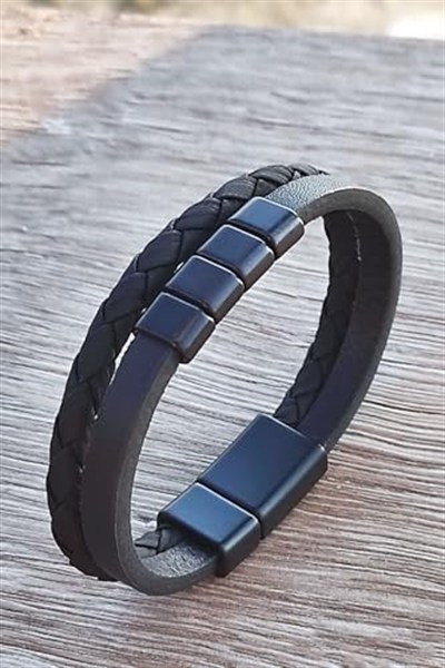 Trend Collection Erkek Hakiki Deri Bileklik Siyah Renk Çift Şeritli Klasik Bileklik