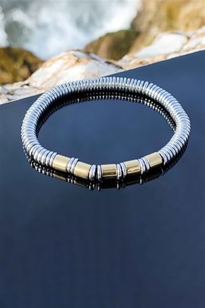 Trend Collection Gümüş Hematit Altın Işlemeli Doğal Taş Prizma Model Ayarlanabilir Erkek Bileklik