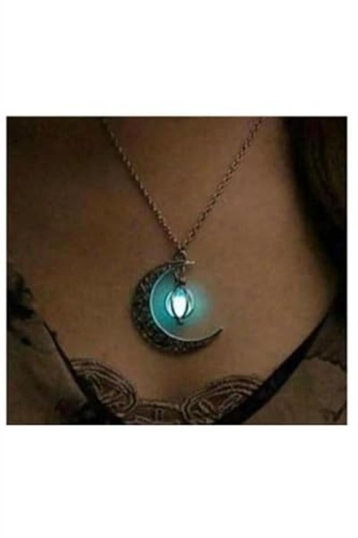 Trend Collection Gümüş Kaplama Karanlıkta Parlayan Desenli Ay Yıldız Kolye