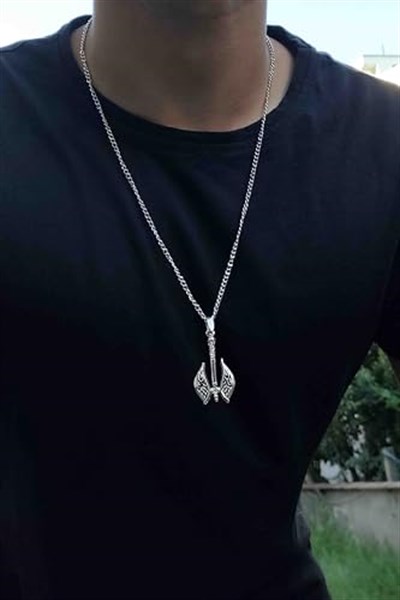 Trend Collection Gümüş ve Siyah Antik Viking Balta Erkek Kolye Seti (2 adet)