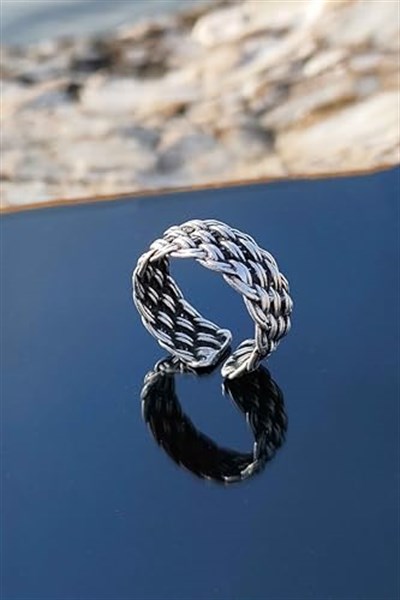 Trend Collection İspanyol Hasır Örgü Model Gümüş Kaplama Ayarlanabilir Yüzük