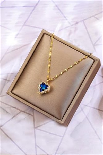 Trend Collection Kadın Paslanmaz Çelik Gold Zirkon Taşlı Mavi Kalp Kolye