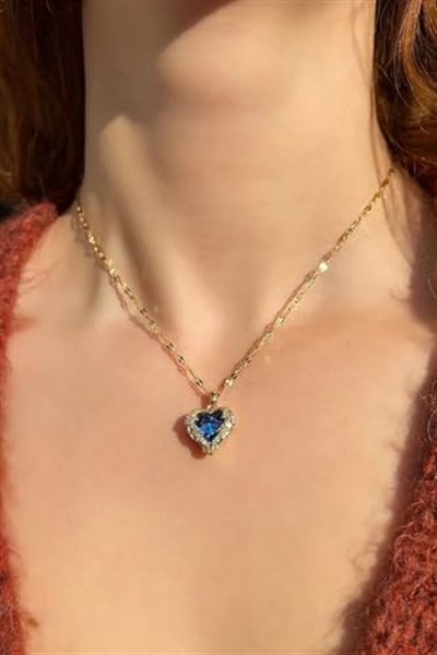 Trend Collection Kadın Paslanmaz Çelik Gold Zirkon Taşlı Mavi Kalp Kolye